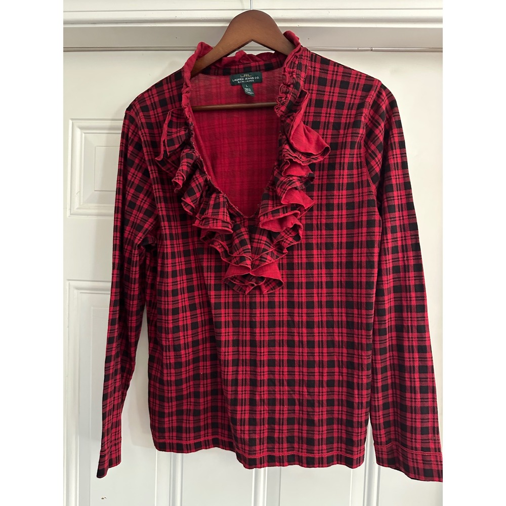 LRL Lauren Jeans Co Ralph Lauren Red Black Plaid Ruffle V-Neck Top Large
